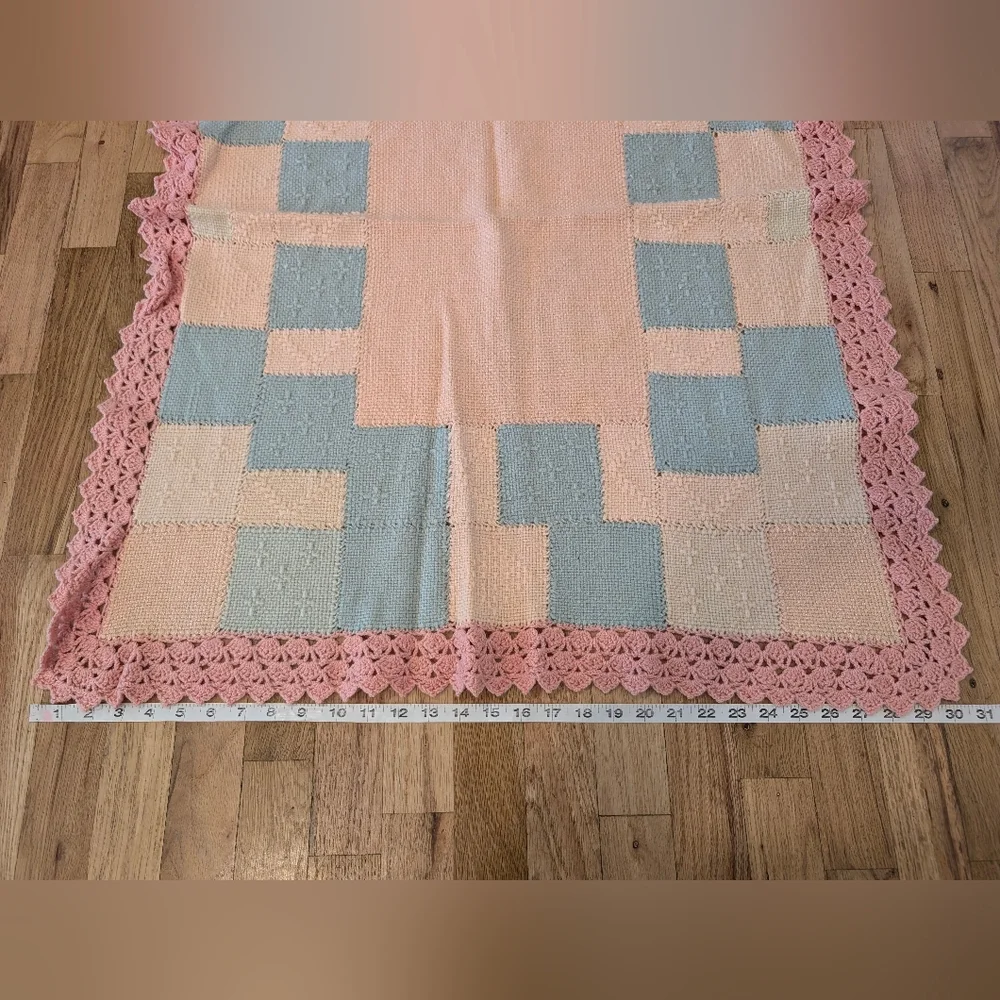 Vtg Handmade Baby Blanket Knit Crochet Square Pink Peach Blue Nursery Lace